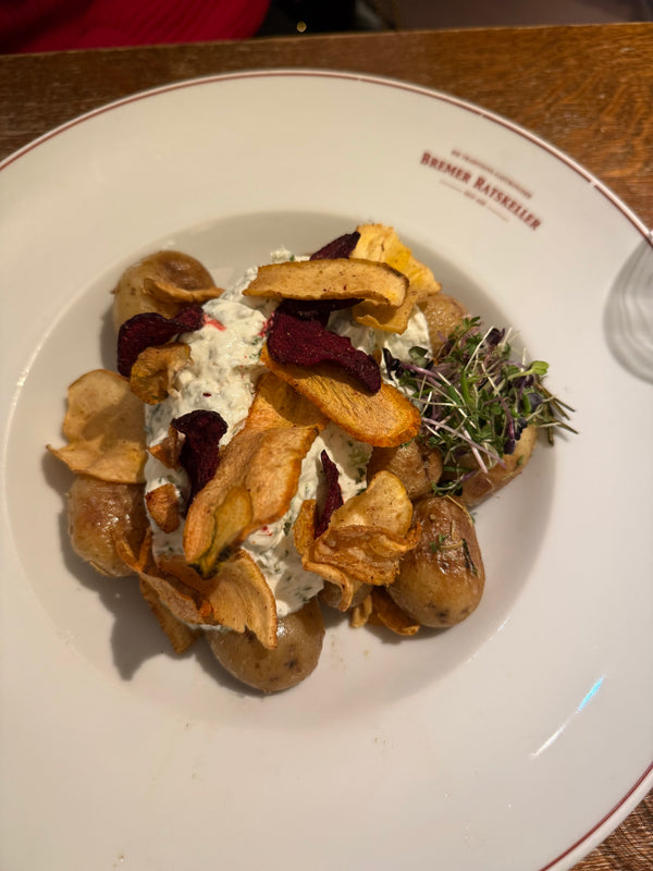Rosemary Potatoes with Herb Sour Cream and Root Vegetable Chips