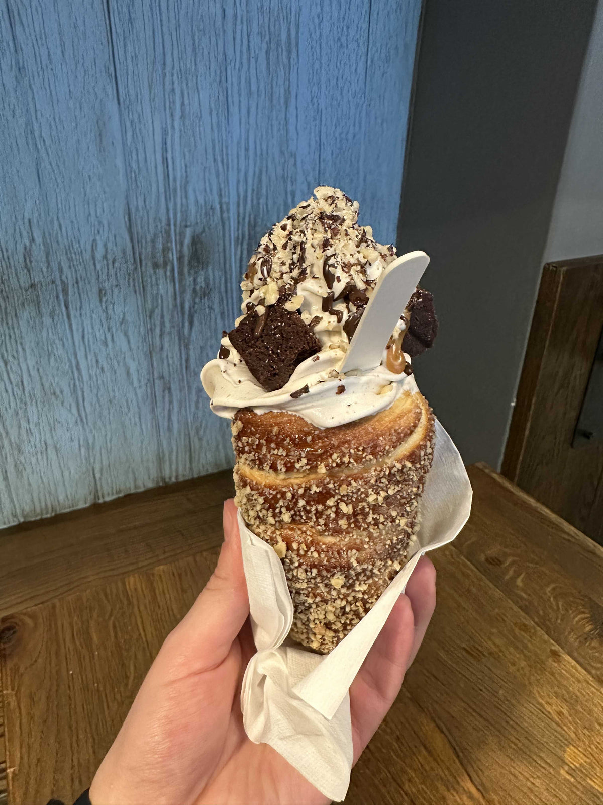 Trdelnik with Vanilla Ice Cream and Chocolate Sauce