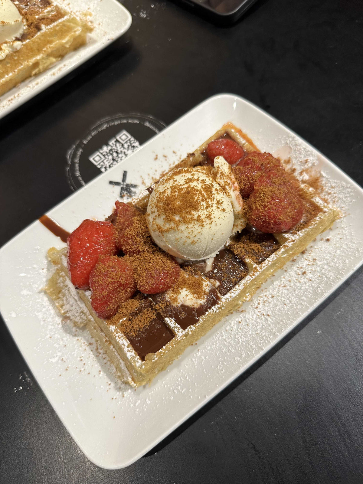 Brussels Waffle with Chocolate, Cooked Strawberries and Vanilla Ice Cream