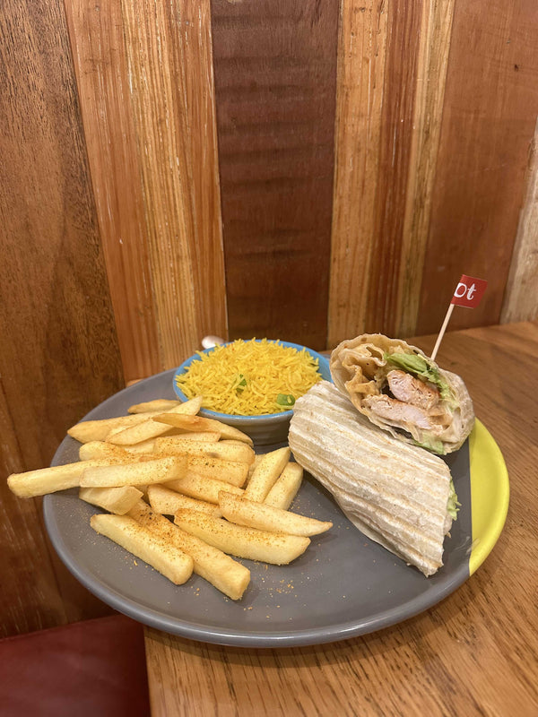 Mild Chicken Wrap with Peri Peri Salted Chips and Spicy Rice