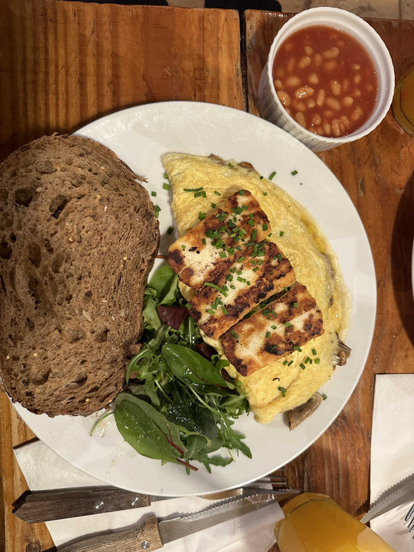 Omelet with Truffle Cheese, Muhsroom, Bacon and Halloumi