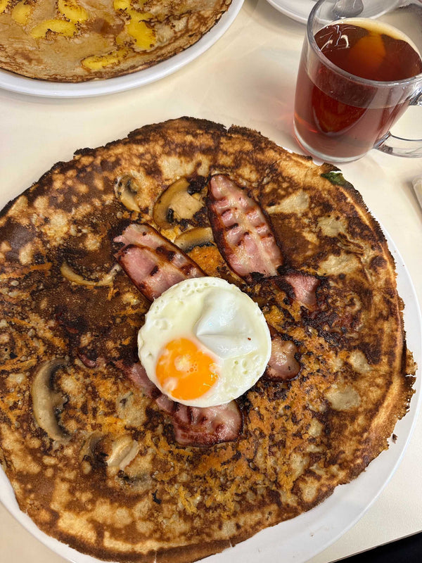 Dutch Pancake with Bacon, Cheese, Mushroom & Fried Egg